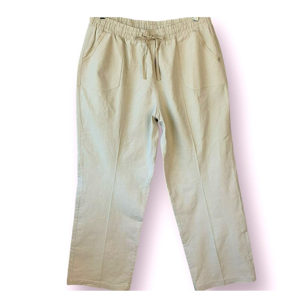 C EST 1946 Linen Blend Relax Straight Lounge Pants Women L Tan Elastic High Rise